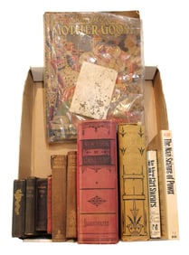 Variety of old books: mother goose book with rhymes and illustrations, 2 moby dick, bibles, no nice