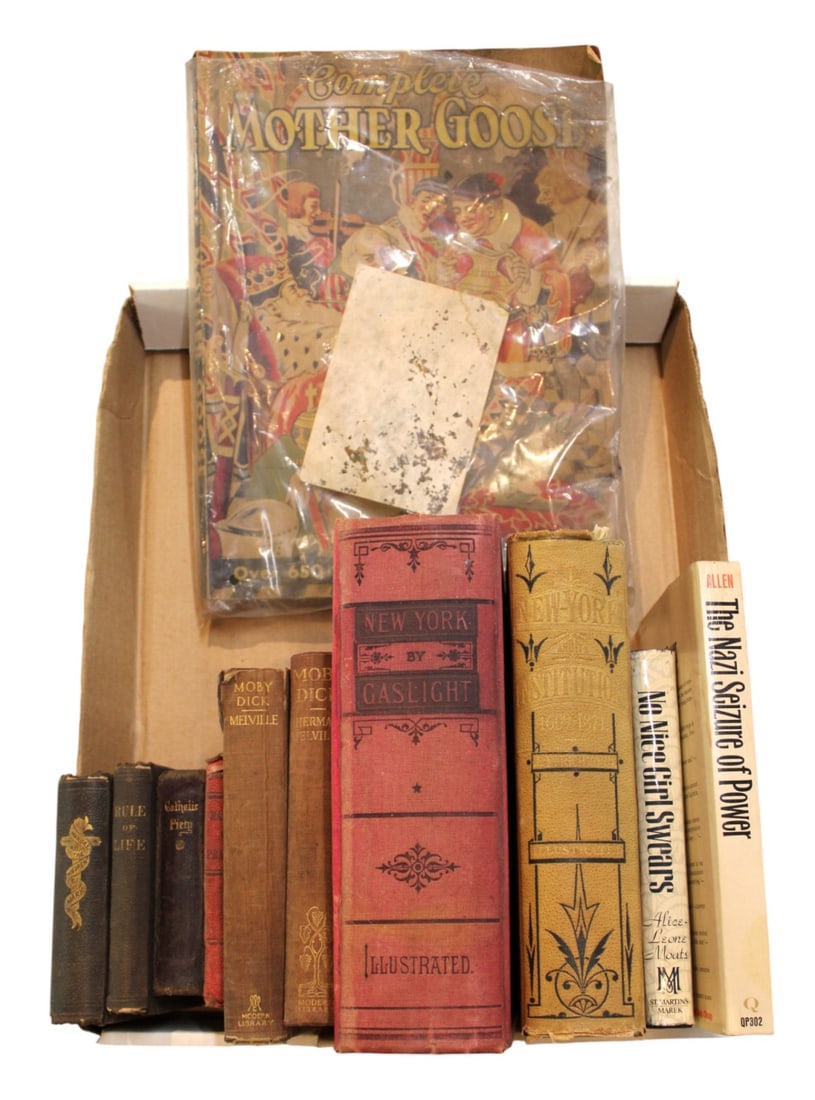 Variety of old books: mother goose book with rhymes and illustrations, 2 moby dick, bibles, no nice: Variety of old books: mother goose book with rhymes and illustrations, 2 moby dick, bibles, no nice girls swear, german book and more