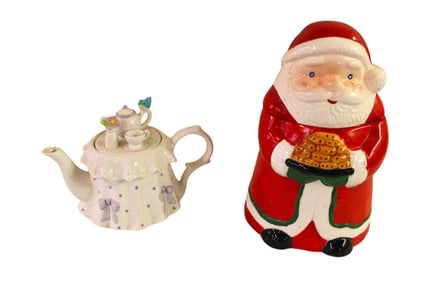Santa Claus cookie jar and Philippines tea pot.