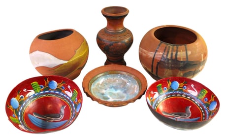 6pc mixed lot of indian clay pottery, wooden bowls and vase.