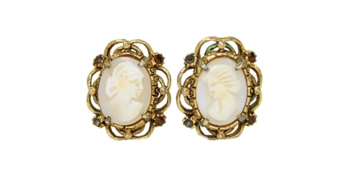 Antique cameo Florenzi clip on earrings in gift box, some stones missing, 1" x 1.75"