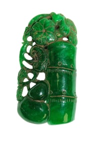 Beautiful green apple jade carving in plastic sleeve, approx. 3.5" x 2"