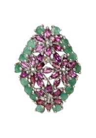 Rhodolite & emerald ring 1.25" in 14kt white gold over s/s, 9.5