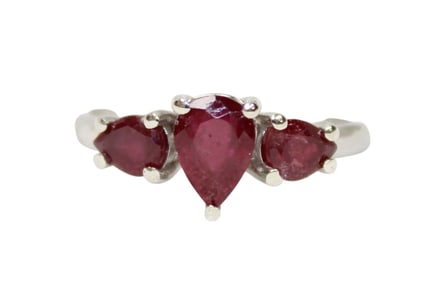 Natural ruby 3 stone ring in 14kt white gold over s/s, 7