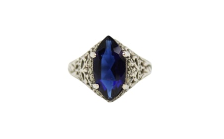 Natural sapphire marquis with marcasite sterling silver ring, 7.5