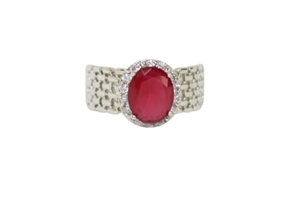 Ruby oval cut rhodium over 900 silver ring, 10