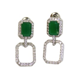 Natural emerald & white topaz dangle earring rhodium over silver .75"