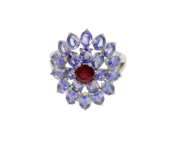 Tanzanite & ruby ring in 14kt white gold over sterling silver, 8