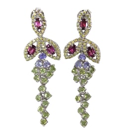 Rhodolite garnet, peridot, yellow sapphire & tanzanite dangle earrings in 14k over s/s, 2"