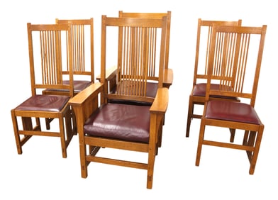 Set 6 Stickley mission quartersawn oak dining chairs leather seats slatted back