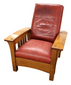 Stickley mission leather and quartersawn oak Morris chair