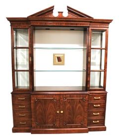 Century burl mahogany 2pc lighted china cabinet with beveled glass