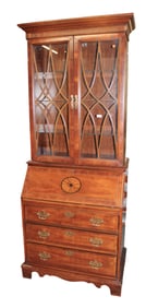 Bassett cherry finish and inlaid 2pc secretary curio