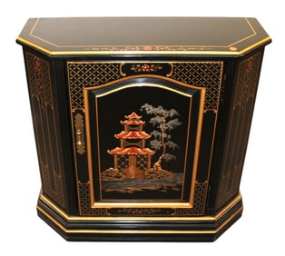 Asian decorated 1 door console cabinet in black lacquer