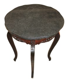 Petite scallop round granite top plant stand on mahogany carved base