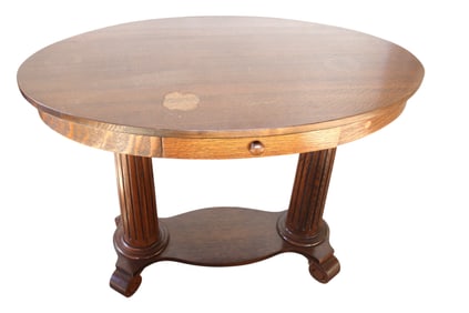 Antique oval oak 1 drawer library table with fluted column base