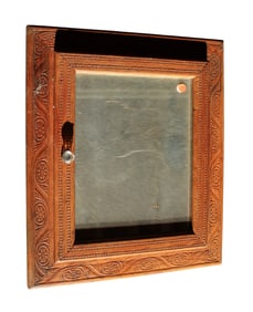 Antique oak hanging medicine cabinet carved and mirrored