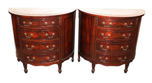 Vintage burl mahogany leather top demilune chests - match pair