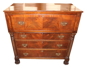 Nice antique burl mahogany and banded paw foot 4 drawer chest