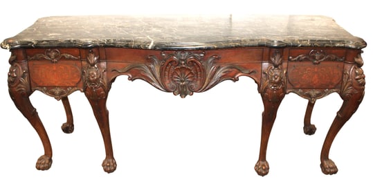 Antique marble top highly carved inlaid 6 leg buffet, mahogany, exotic woods