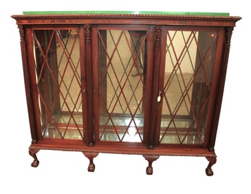 Antique burl mahogany ball claw china cabinet, fluted column accents