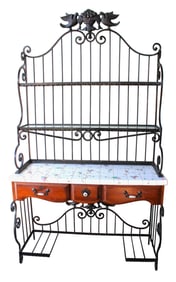 Vintage 2pc. iron step up baker's rack, scroll iron legs and step down top