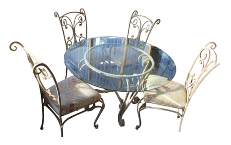 5pc. scroll iron table dining set with beveled glass top and 4 chairs