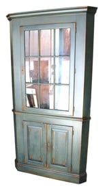 Paint decorated green country style corner cabinet