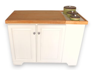 Butcher block bakers kitchen island, cabinet, built in canisters, mixer pull out tray