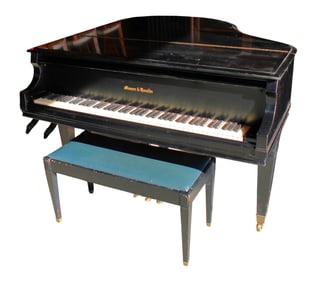 Antique Mason and Hamlin black lacquer baby grand piano with bench