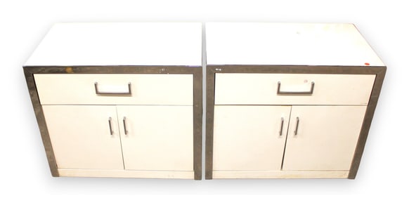 Pair MCM John Stewart nightstands, white lacquer chrome, Milo Baughman