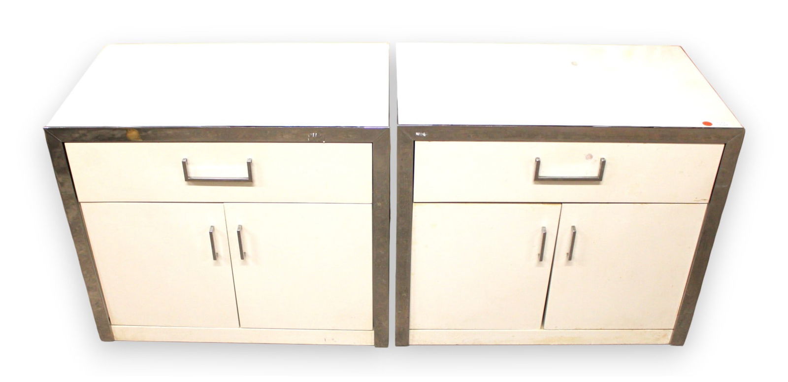 Pair MCM John Stewart nightstands, white lacquer chrome, Milo Baughman (1 of 7)