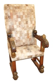 Cherub carved leather and mahogany high back throne chair with patch work