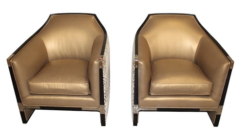 Quality pair art deco style Caracole Furn. upholstered club chairs