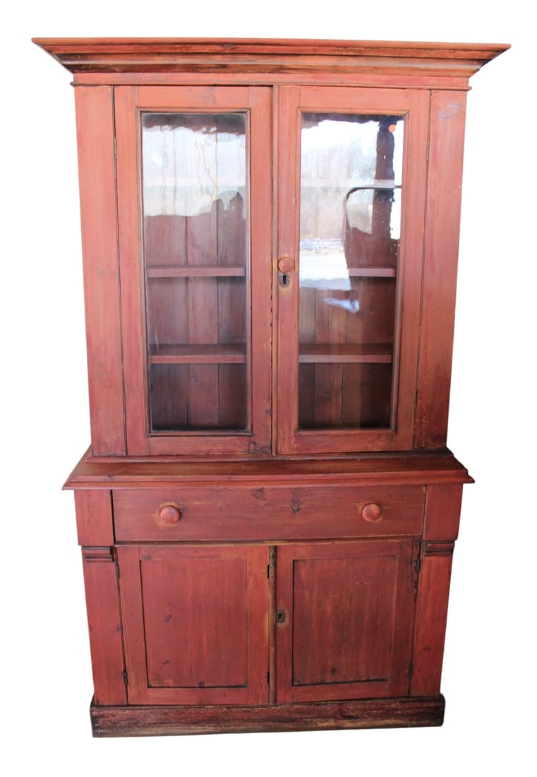 Antique primitive country cupboard, 3 part, wavy glass, distressed red paint (1 of 5)