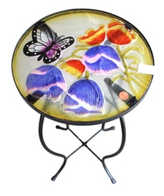 Multi color and glass top metal base accent table with butterfly decorations
