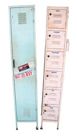 2 vintage metal lockers: 6 door and 1 door with fitted interior