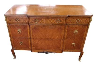 Semi antique french style satinwood chest with applied decorative bronzes and inlay