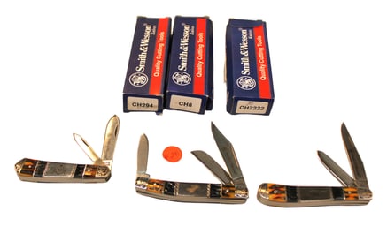 3 Smith & Wesson etched pocket knives: mason, cactus skull, bull rider CH8 CH294 CH222 with boxes