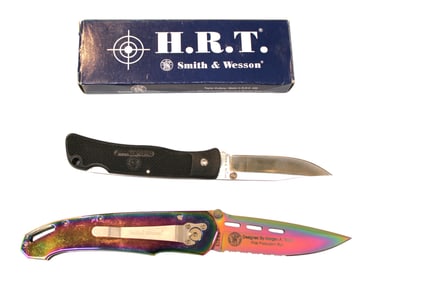 2 Smith & Wesson 1st production run knives: swrts rainbow titanium with box, #420 no box
