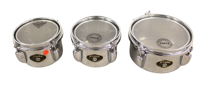 3 Tama chrome drums #003670 #020560 #021988. 7" 7" 9" diameters x 4.5"h