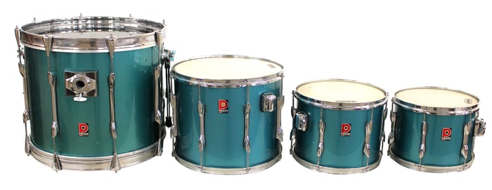 4 Premier metallic turquoise double head drums with soft bags. 13x10 17x13 14x10 21x16