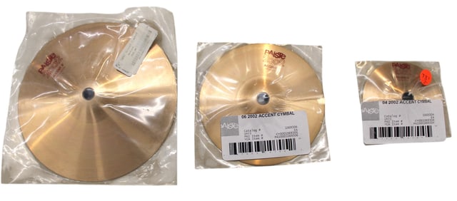3 Paiste 2002 accent cymbals. Look new in original plastic sleeves. 4" 6" 8"