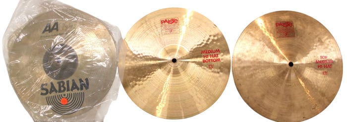 3 13" cymbals: Paiste 2002 (2) medium hi-hat bottom and Sabian AA El Sabor Salsa splash