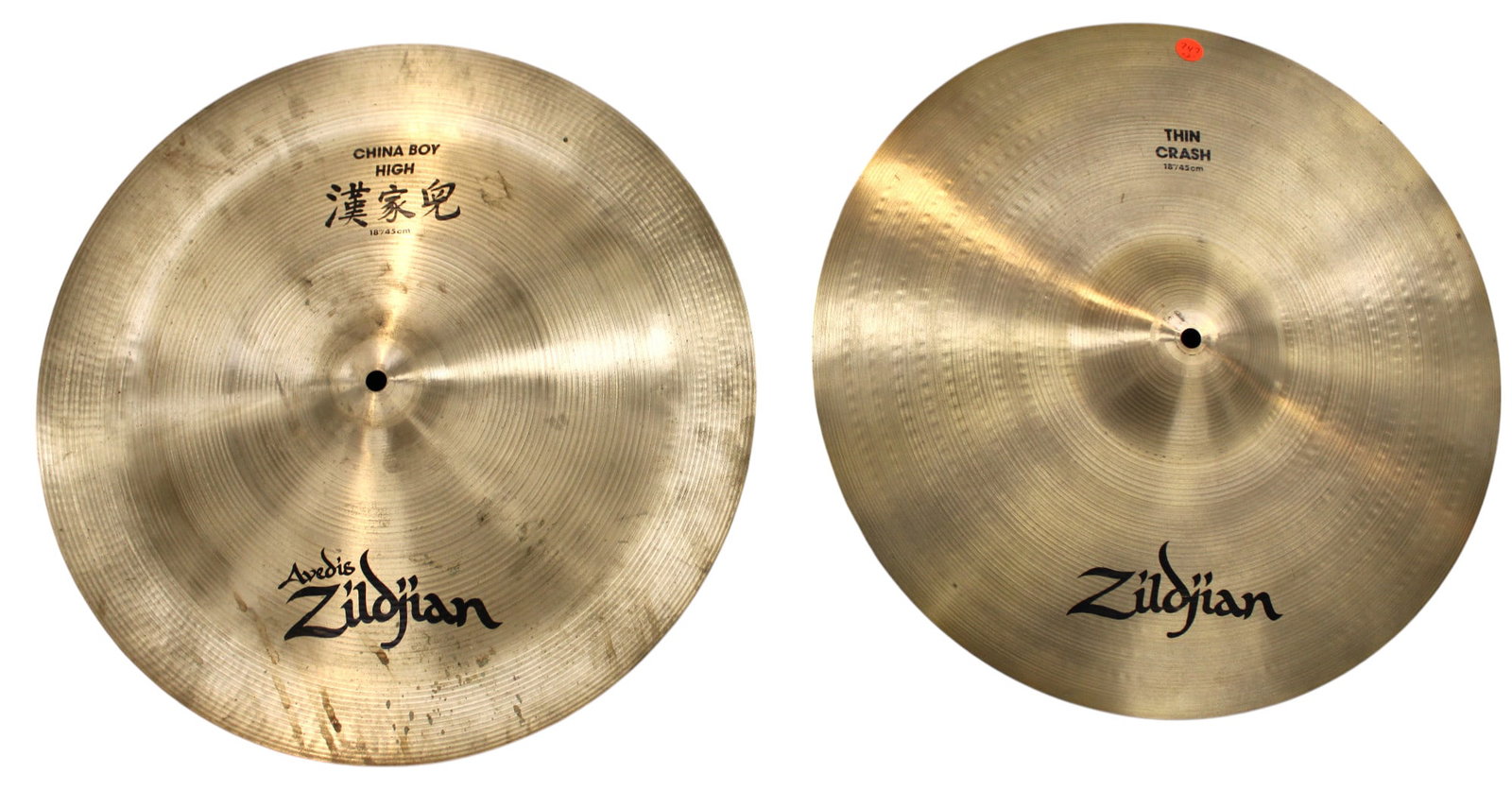 2 Zildjian 18" cymbals, thin crash and china boy high (1 of 2)