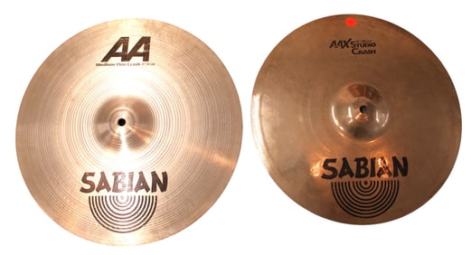 2 Sabian cymbals: 15" Studio Crash and 16" Medium Thin Crash