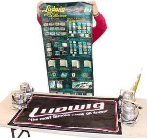 4 aluminum stage lamps, cloth Ludwig advertisement sign and vintage Ludwig drum poster in hard