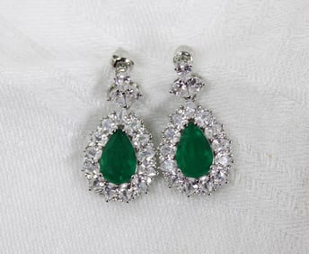 Columbian emerald and zircon dangle earrings rhodium over 900 silver