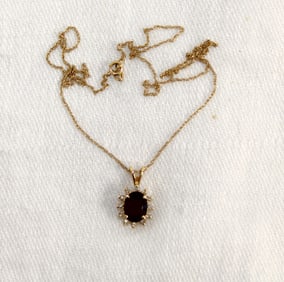 14k gold natural garnet & diamond necklace