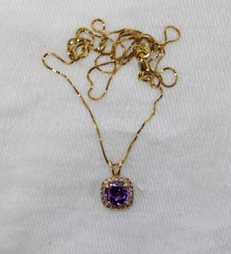 14k gold natural amethyst and diamond necklace